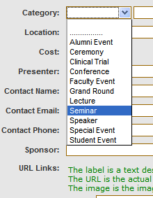 Screen capture of the event category drop-down list. 