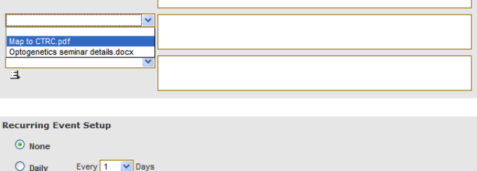 Zoom image: After uploading files and reloading the calendar entry form, you will see options to select files for this event and enter descriptions for them.
