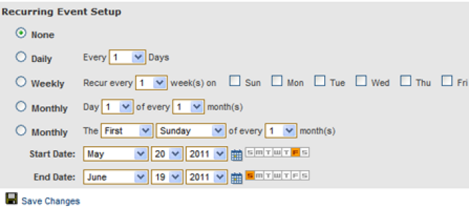 Screen capture of the Recurring Events Setup section of the calendar entry interface. 