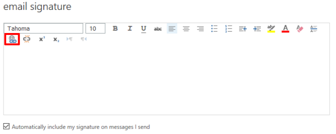 Zoom image: The 'Insert Hyperlink' button and the 'Automatically include my signature on messages I send' checkbox are located in the 'email signature' section.