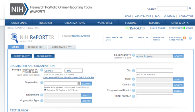 NIH RePORTER query page. 