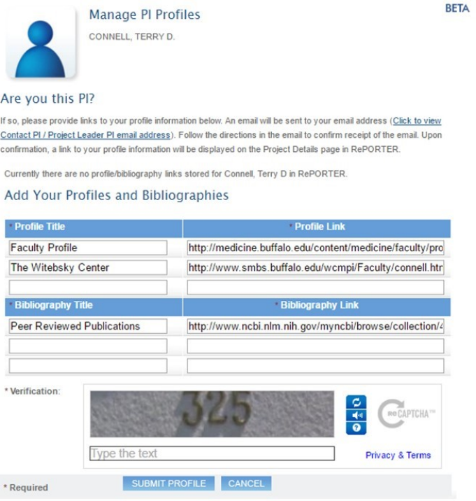 NIH profile fields. 