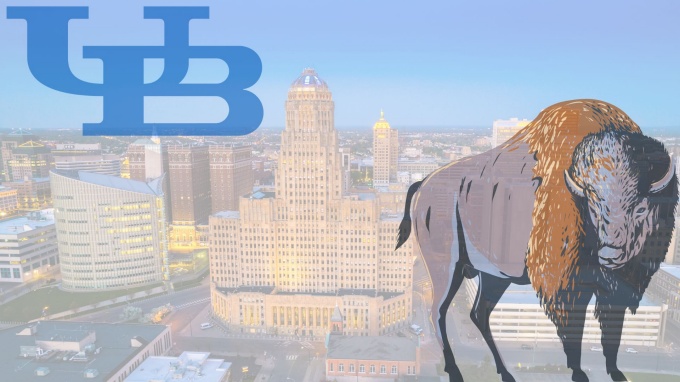 Landscape view of Buffalo NY city hall , at right hand side there is a faded image of a buffalo, at the upper left hand side there is a UB logo mark. 