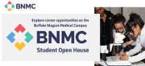Zoom image: BNMC Open House flyer with young kids at the right hand side looking over a microscope 