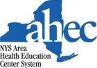 Ahec logo with map of NY state map in blue. 