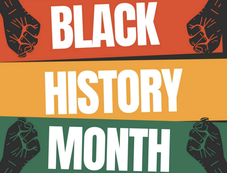 Graphic reads Black History Month. Black is in white and red background, History is white and yellow background and month is white and green background. Four fisted hands are on each corner of the graphic. 