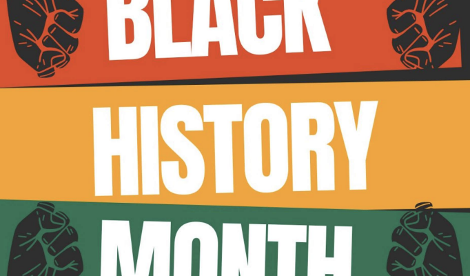 Graphic reads Black History Month. Black is in white and red background, History is white and yellow background and month is white and green background. Four fisted hands are on each corner of the graphic. 