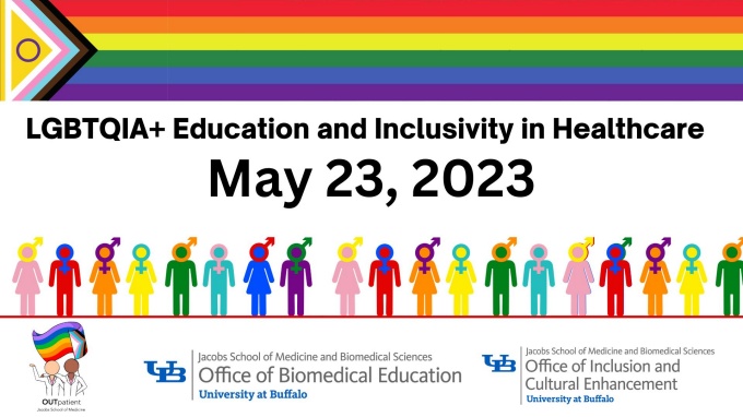 LGBTQIA+ Education and Inclusivity in Healthcare flyer. An LGBTQ flag at the top the title of the conference and the date a set of figures lined up with the colors of the rainbow across the poster. logos from OutPatient Medical Student ggroups and Logo of the Office of Inclusion and Cultural Enhancement at Jacobs School University at Buffalo. 