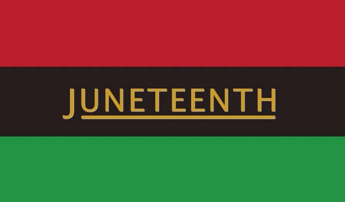 Juneteenth flag: red, black, green stripes reading Juneteenth in gold. 
