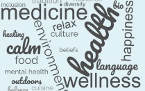 Word cloud that includes medicine, health, wellness, relax, diversity, language, happiness, inclusion, culture, outdoors, calm, healing, food, and mental health. 