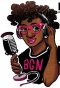 Cartoon of a black girl with curly short hair pink reading glasses, headphones , one hand on the right ear and a microphone in her hands. 