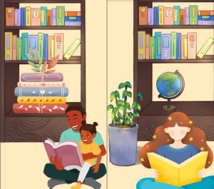 2 book shelves full of books. Under one there is a father and a child reading on the floor. Under the other one a woman reads alone. she has red hair with yellow starts on her hair. 