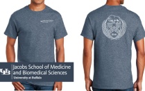 Grey Tshirt shown front and back with the front showing Jacobs School Logo and on the back the University at Buffalo Emblem. 