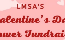 LMSA Valentine's Day Flower Funrdraiser with red letters and pink sky background. 