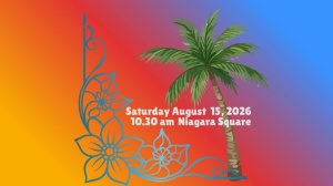 Colorful background from yellow to blue, corner flower border and a palm tree. Reads date and location of the event.