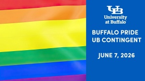 Rainbowflag at the left hand side and the right handside background in blue reads UB University at Buffalo, Buffalo pride UB contingent, June 7, 2026.