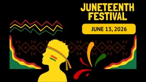 Black background yellow profile figure with a head band and a sticker on their face with the colors red yellow and green . Greem yellow and red wiggle lines surrounded the yellow figure. Juneteenth Festival June 13, 2026 at the right top side of the image.