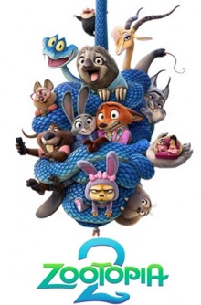 Zootopia 2 movie poster showing all animal characters wrapped up on a blue snake.