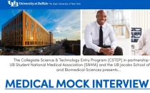 Medical Mock Interview Day Banner featuring Jacobs School building and 2 medical students. 