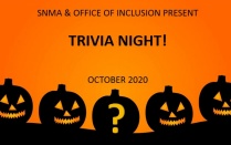 Trivia Night announcement October 2020. Picture has pumpkins skylines. 