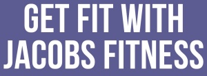 Get fit with Jacobs Fitness on white letters and purple background. 