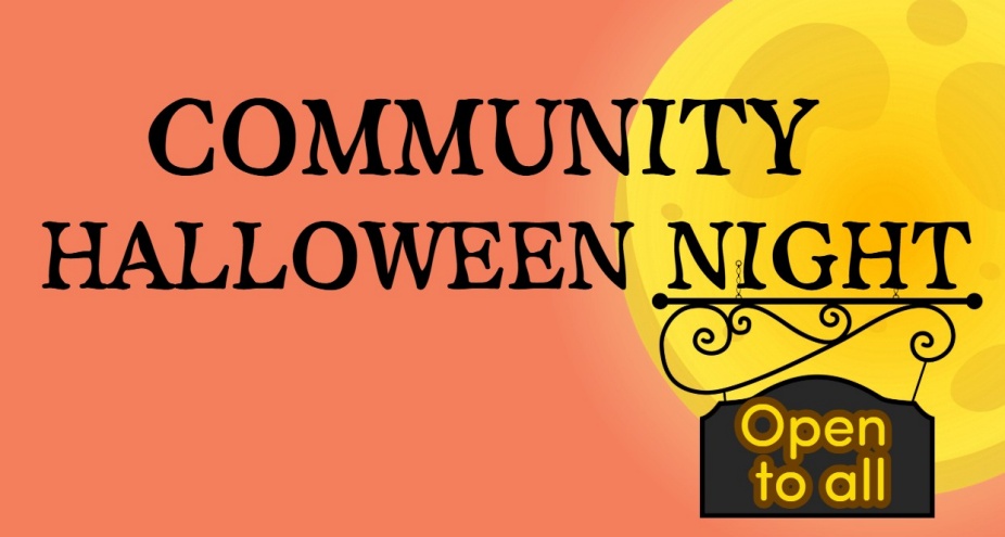 Text: Community Halloween Night with moon.