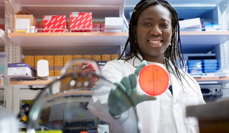 Student researcher working in a Microbiology lab. 