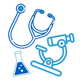 A stethoscope, microscope, beaker. 