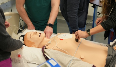 A group of residents perform an ultrasound scan on Laerdal's SimMan 3G during the pulse check of a code.