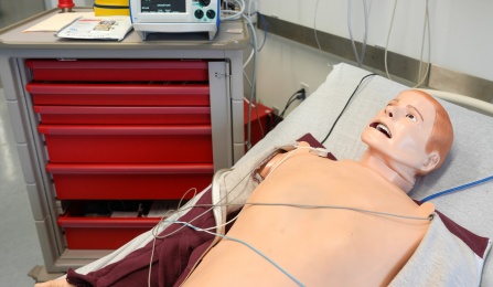 Laerdal's SimMan 3G simulator with ECG leads attached to a code cart. 