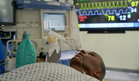 Laerdal's SimMan 3G+ with an endotracheal tube attached to a ventilator. 