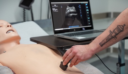 A user demonstrates the LSUS product on Laerdal's SimaMan 3G. 