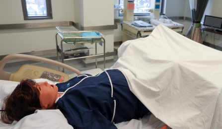 Elevate Healthcare's Lucina labor and delivery simulator in a maternity bed. 