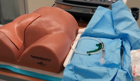 SimuLab FemoraLine Man with a Mindray M9 ultrasound set up to perform a femoral line procedure. 