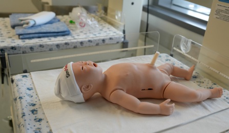 Laerdal's SimNewB in an infant warmer. 