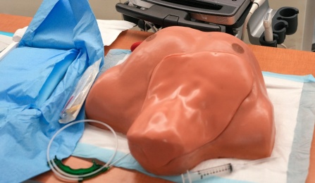 SimuLab CentraLine Man with a Mindray M9 ultrasound set up to perform a central line procedure. 